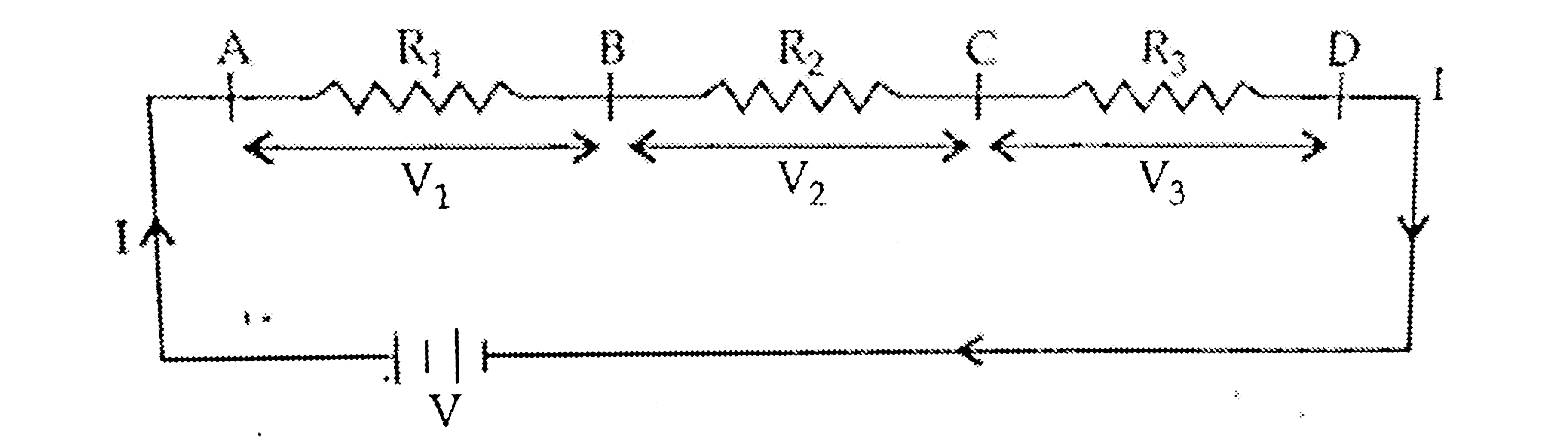 For the series combination of three resistors establish the relation