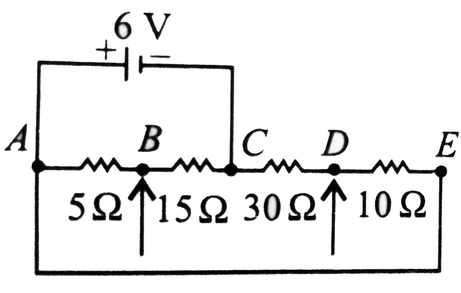 Four resistors are connected as shown in the figure. A 6 V battery of