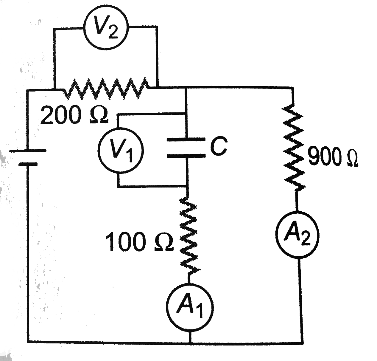 An electrical circuit is shown in the given figure. The resistance of each  voltmeter is infinite and ech ammeter is `100Omega`. The charge on the cpac  - Sarthaks eConnect | Largest Online