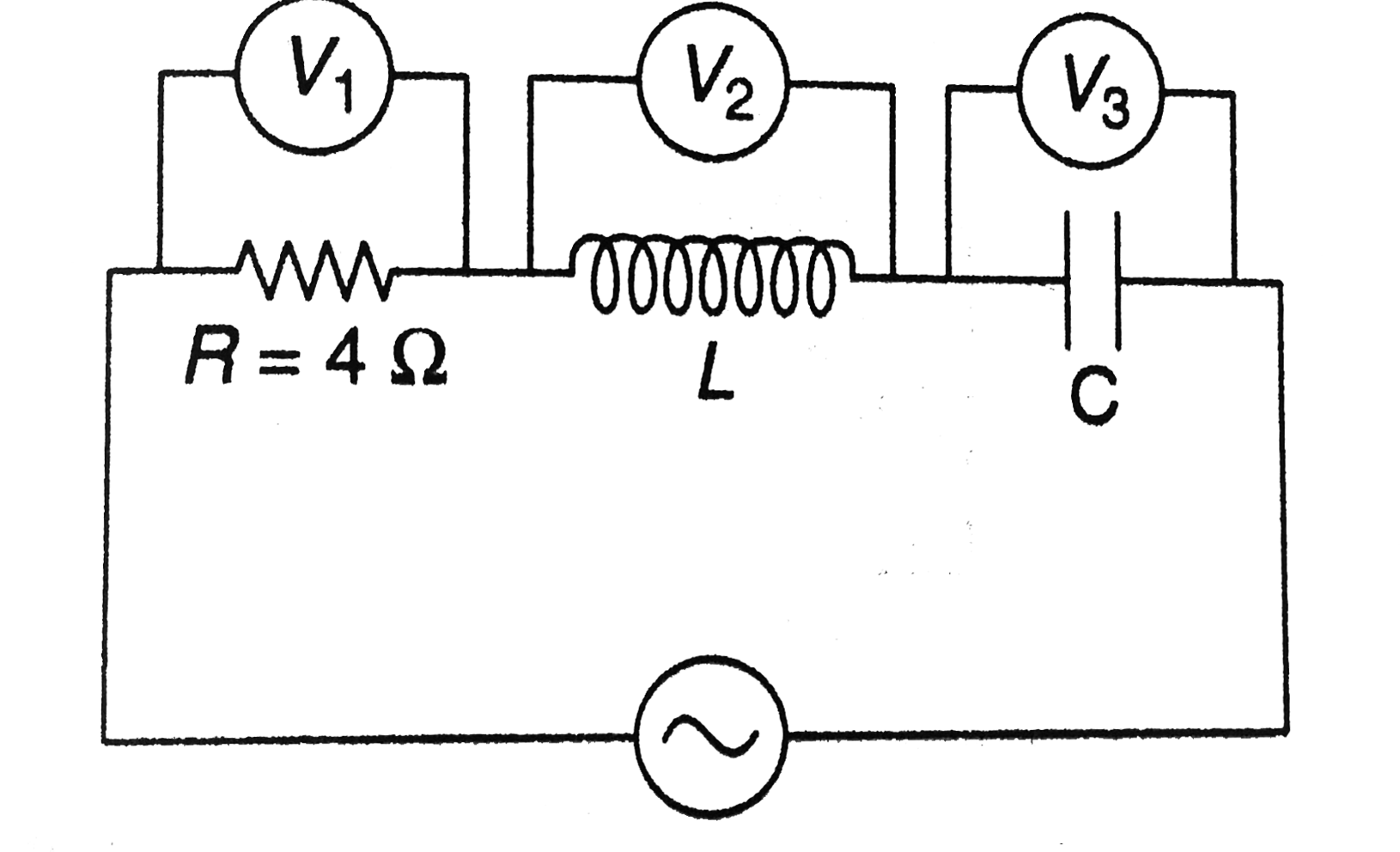 In the figure shown, the reading of voltmeters are `V_1 = 40 V, V_2 = 40 V` and `V_3 = 1 0 V