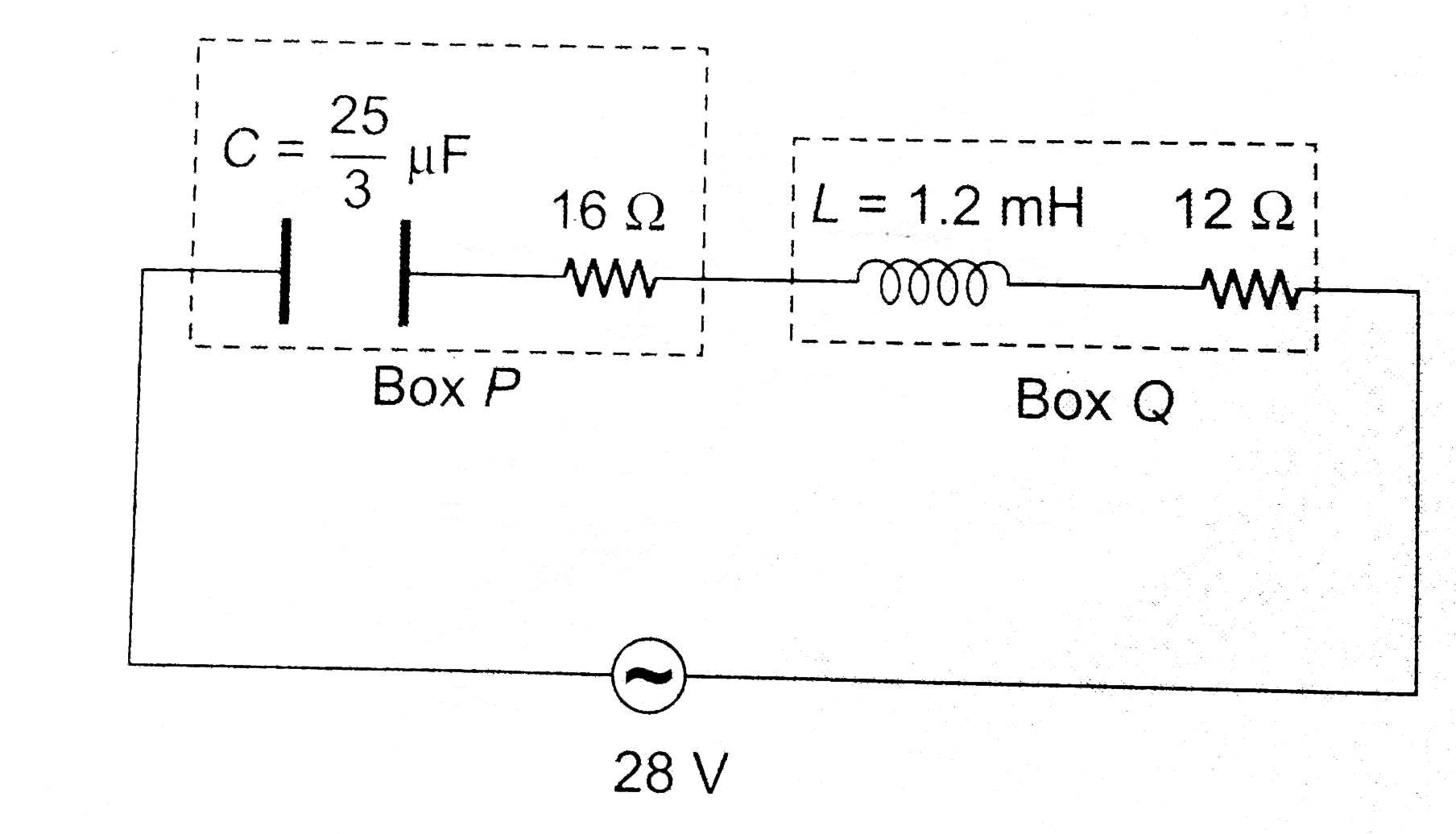 A box `P` and a coil `Q` are connected in series with an ac source of