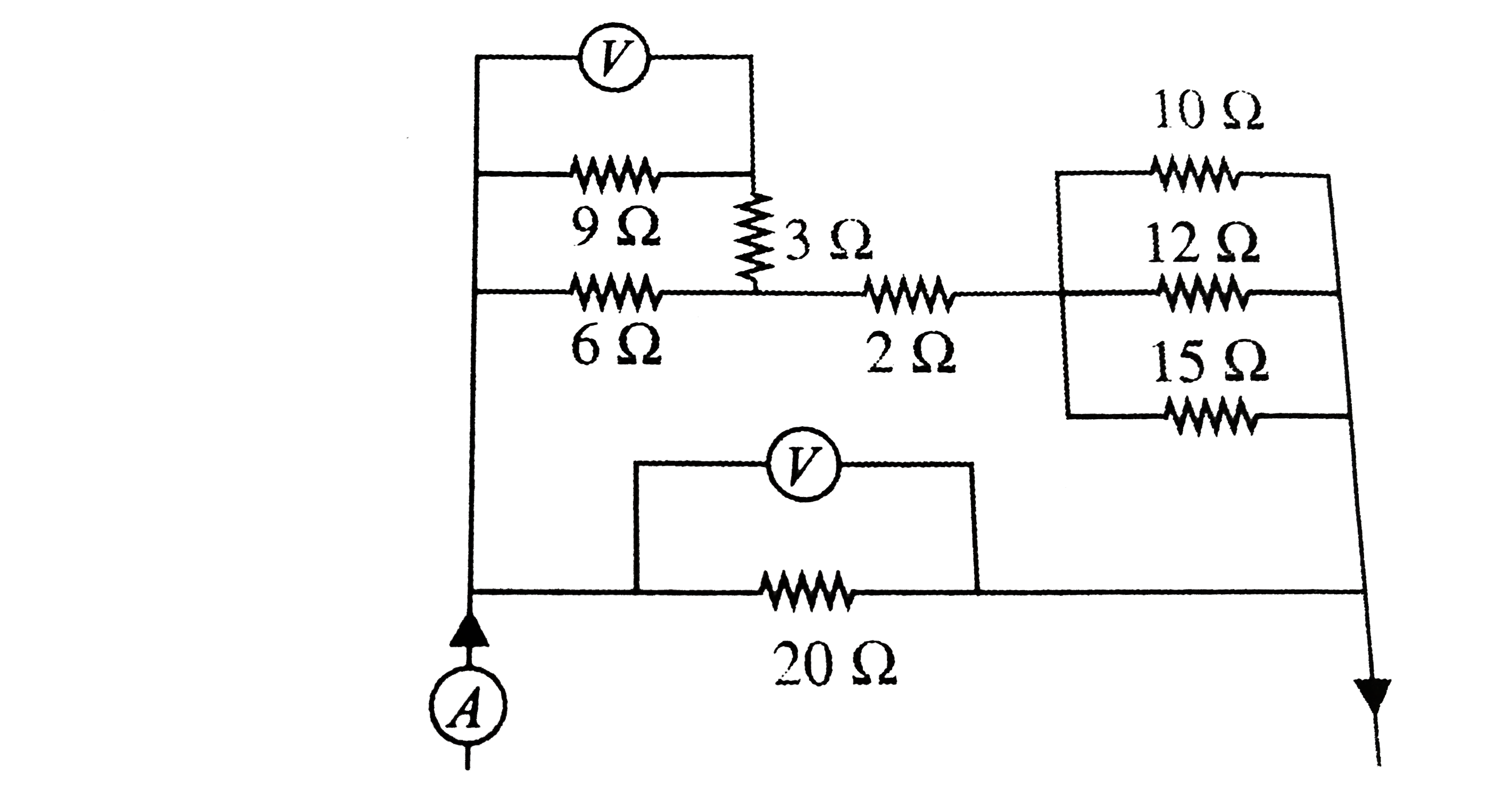 Shown two ideal voltmeters and an ammeter, which are connected across