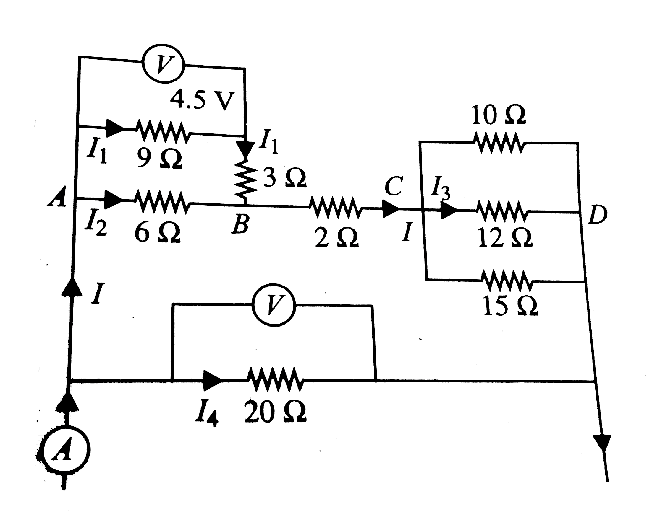 Shown two ideal voltmeters and an ammeter, which are connected across