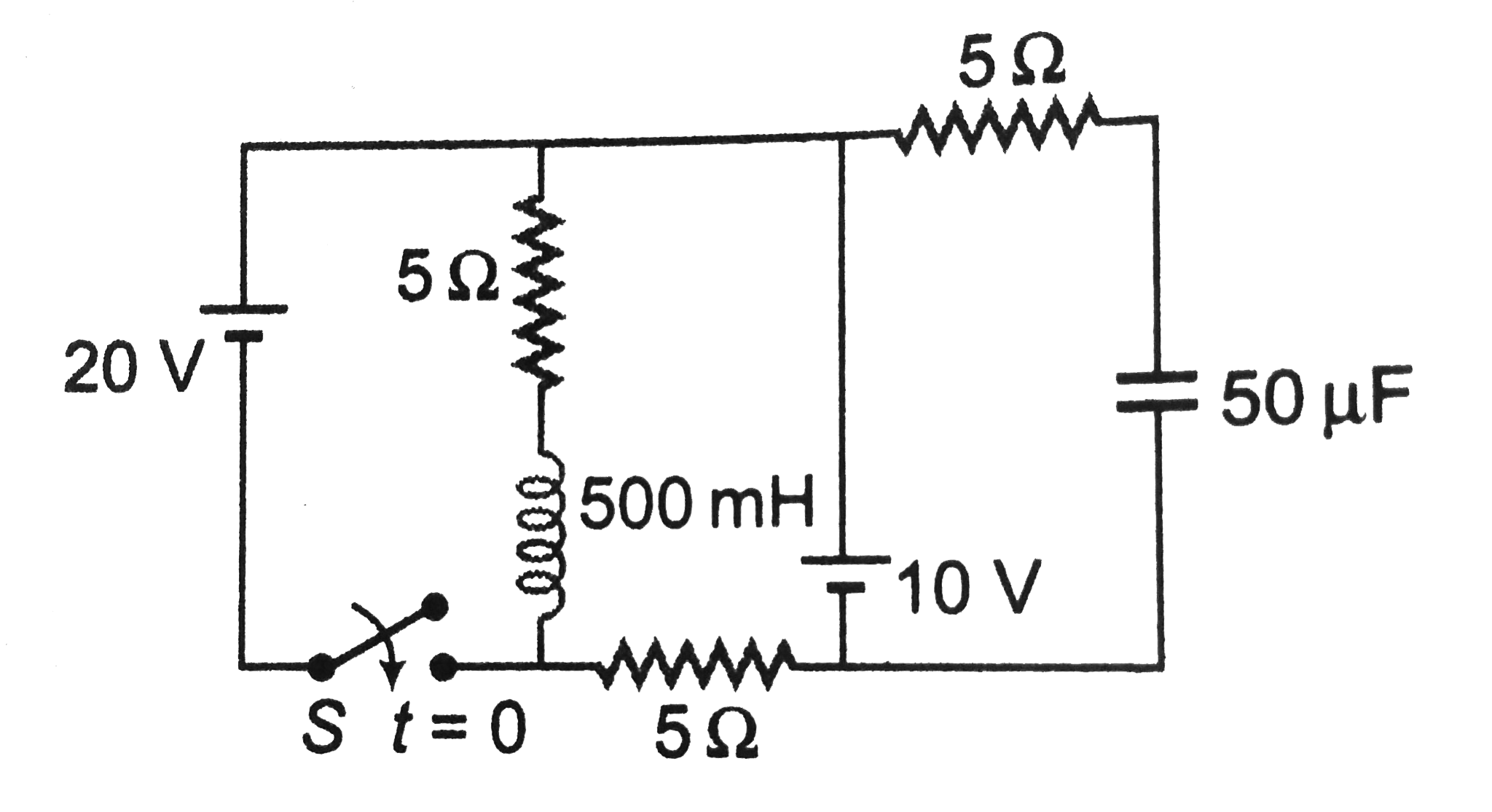 Switch `S` is closed `t=0`, in the circuit shown. The change in flux in the inductor `(L=500mH