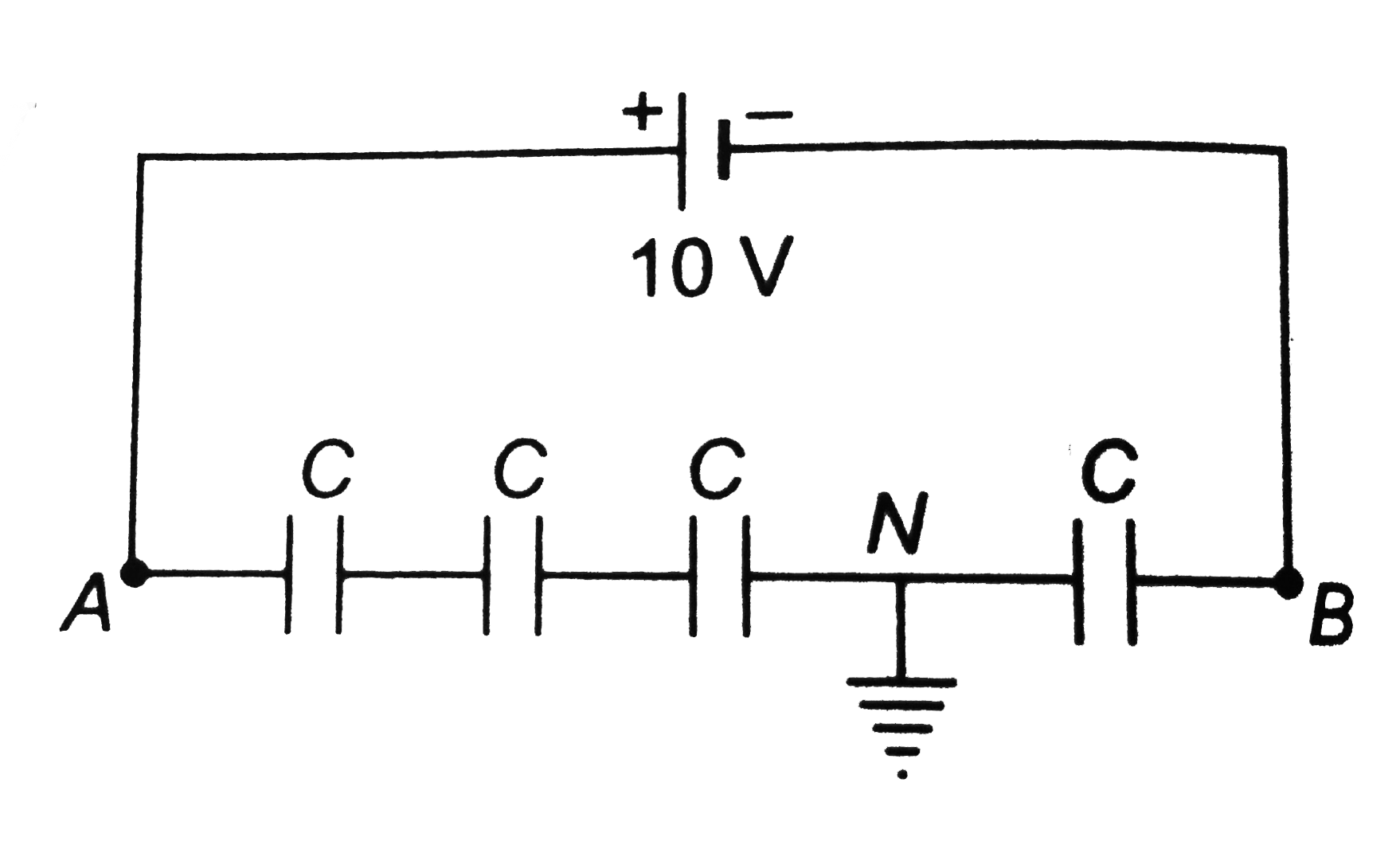 Four identical capacitors are connected in series with a `10 V` battery