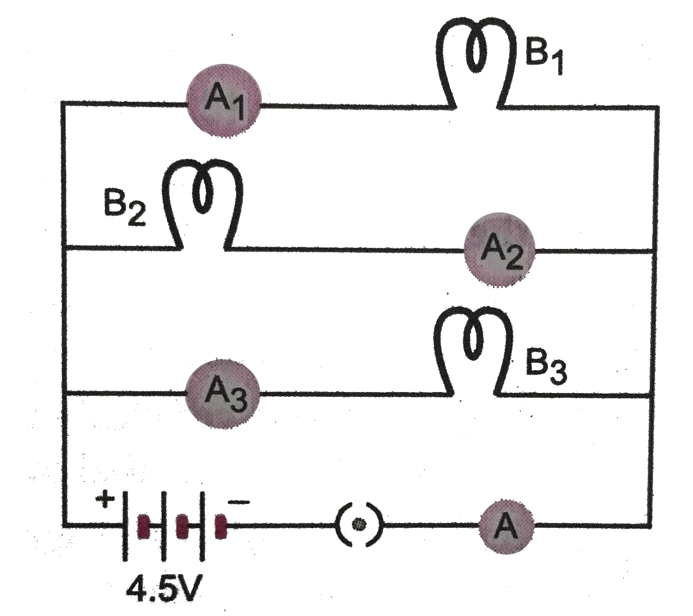 `B_1,B_2 and B_3` are three identical bulbs connected as shown in (fig