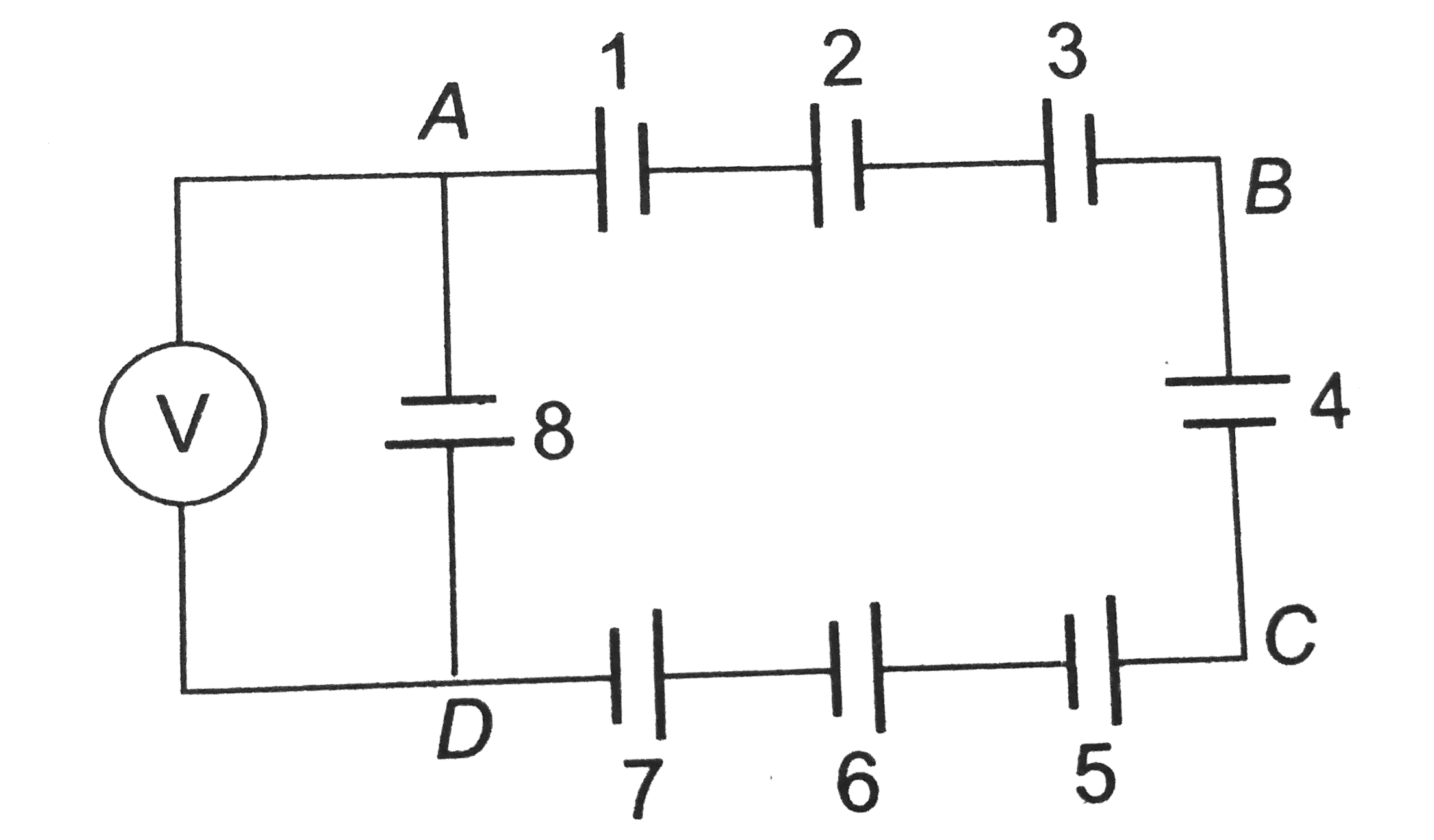 Eight cells marked 1 to 8, each of emf `5 V` and internal resistance `0