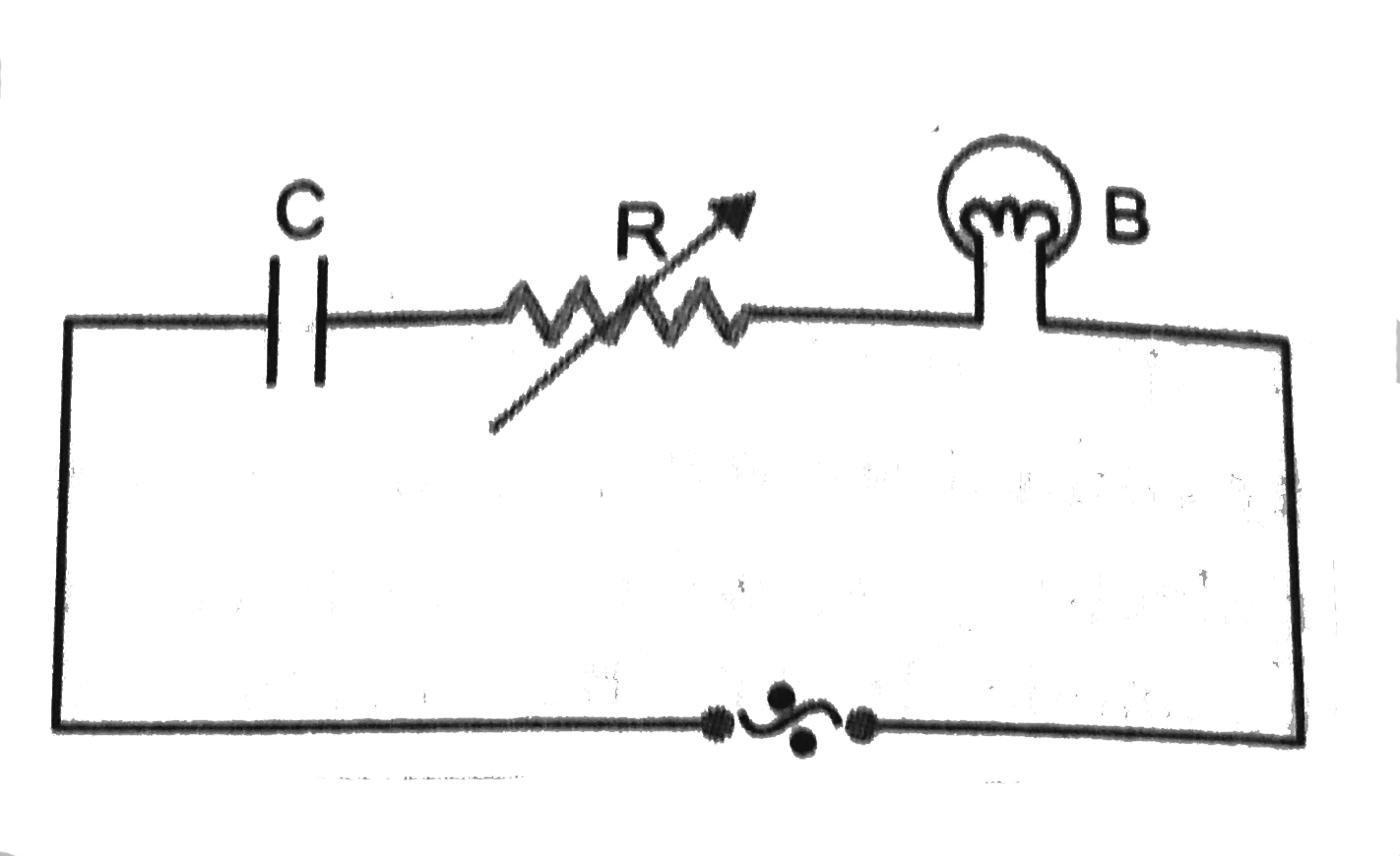 An capacitor C, a variable resistor R and a bulb B are connected in