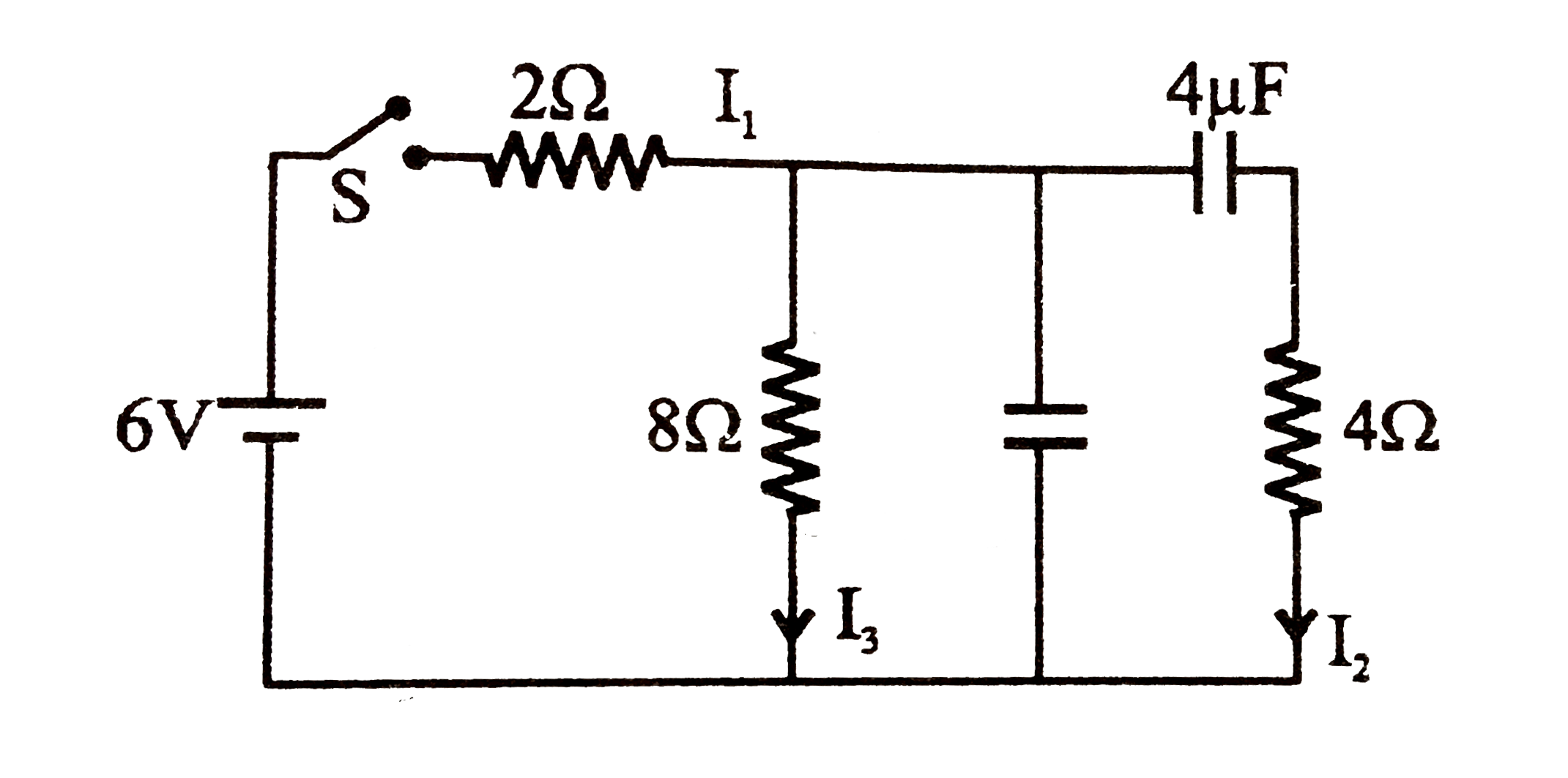 In the circuit shown in the figure, the switch `S` is initially open