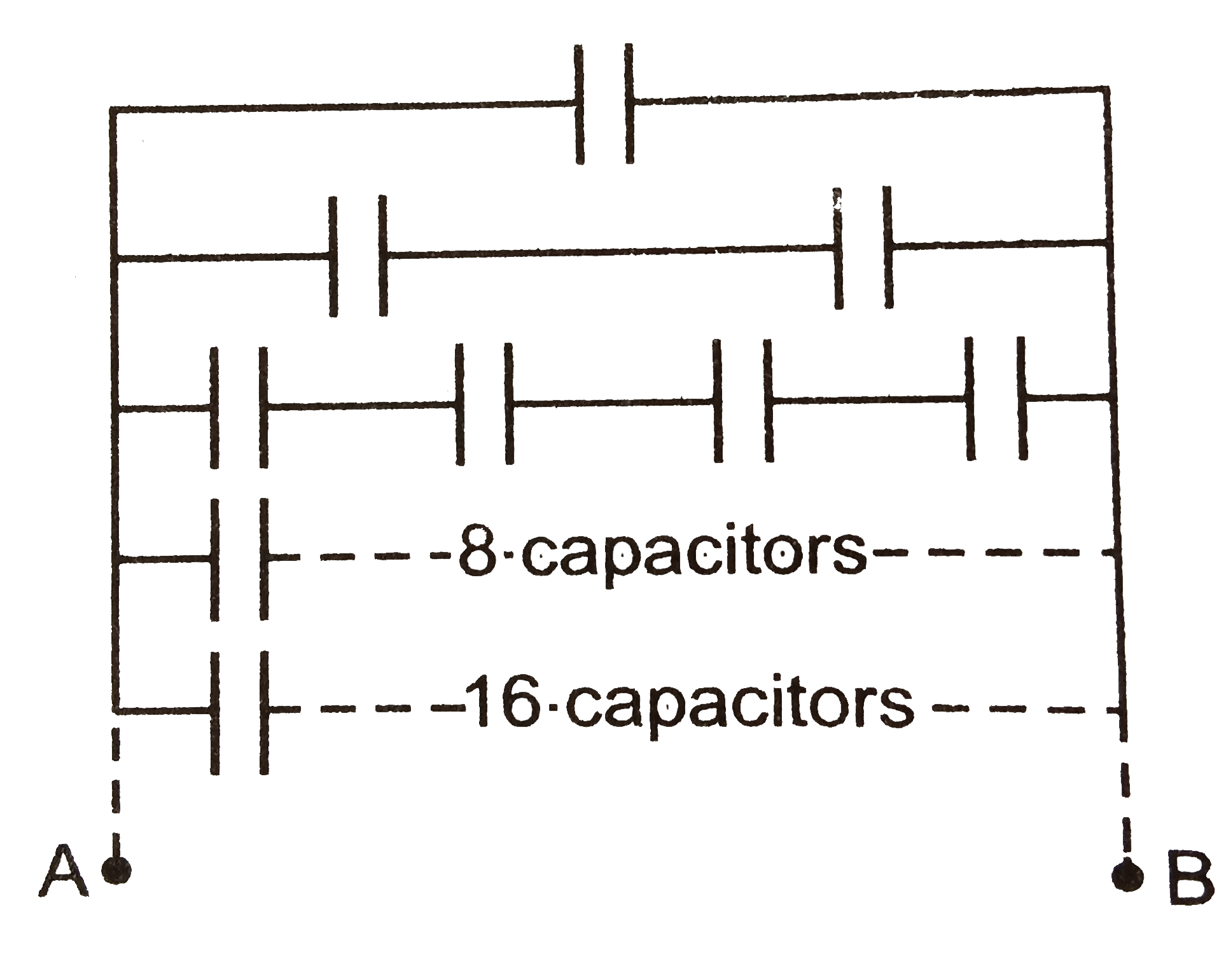 An infinite number of identical capacitors each of capacitance `1 muF