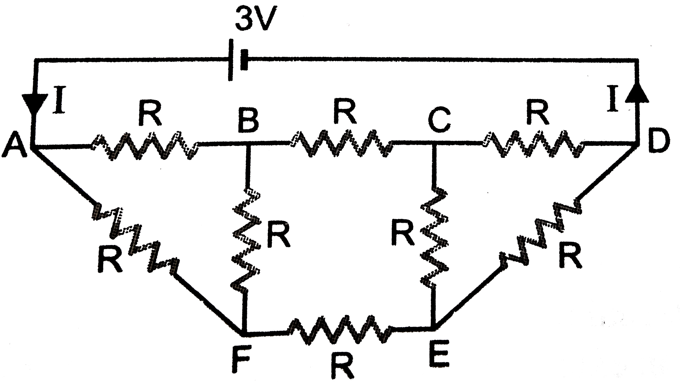 Shows a network of eight resistors battery of resistance `R(= 2 Omega