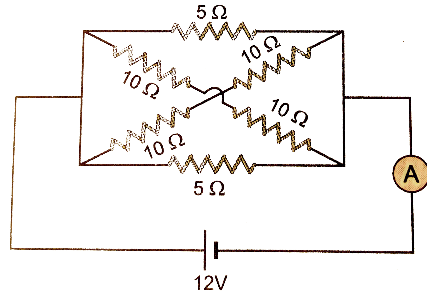 Calculate the current show by the ammeter `A` in the circuit diagram