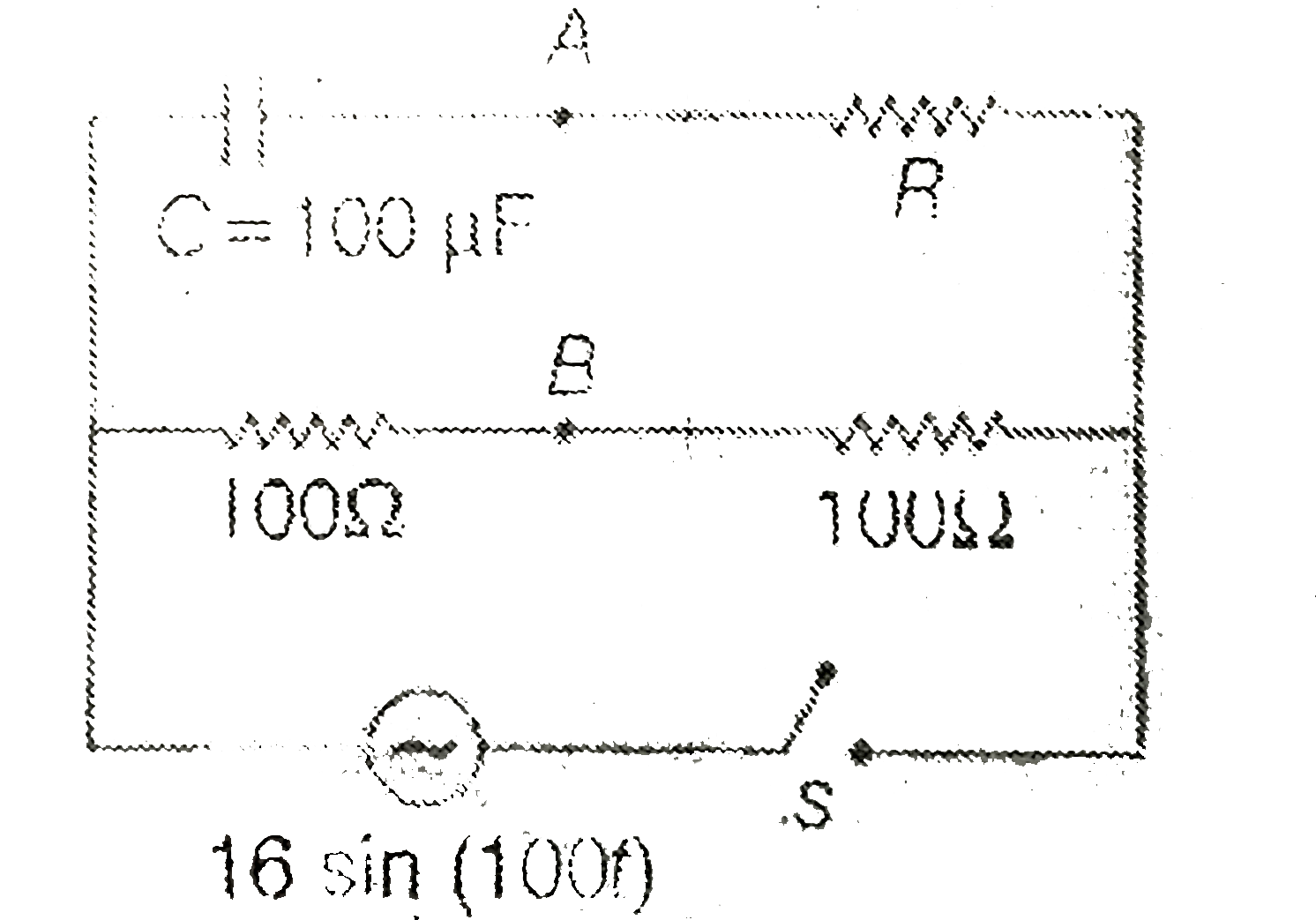 An uncharged capacity ER C=`100muF` with a resistor is connected with