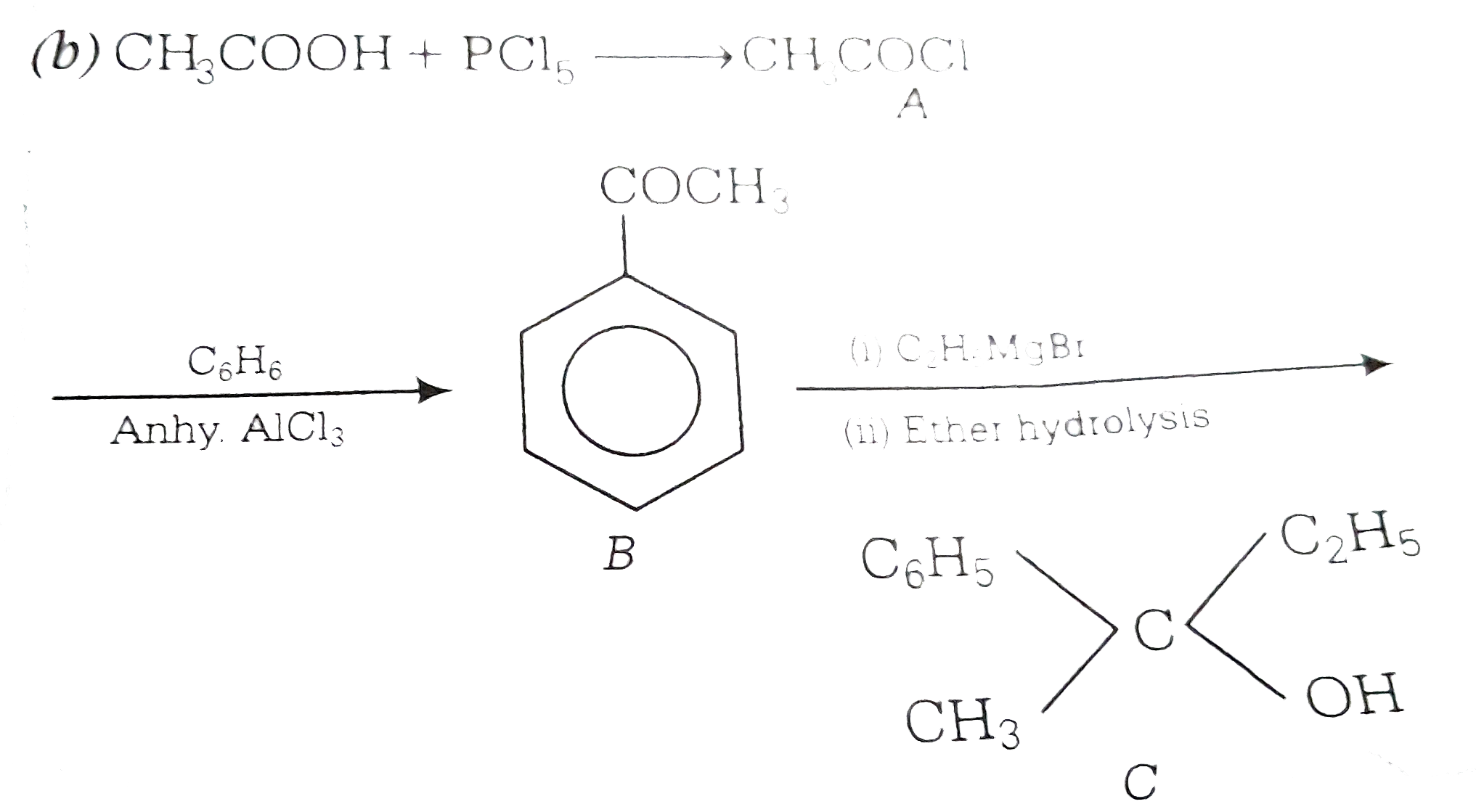 In a set of the given reactions, acetic acid yields a product C. `CH_(3)COOH+PCl_(5)rarrA` `A