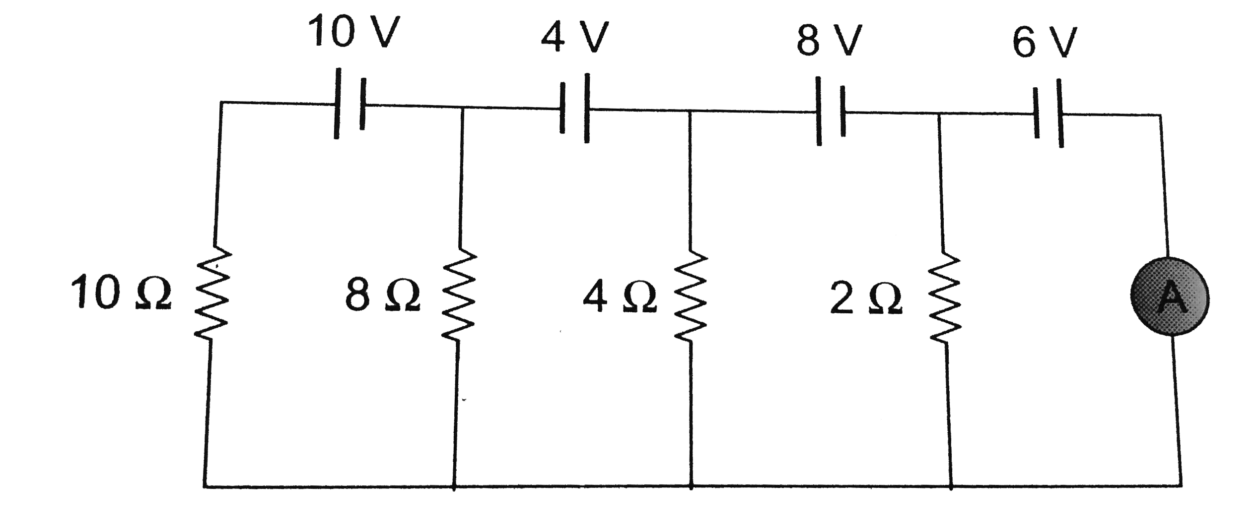 Fing the reading of the ideal ammeter connected in the given circuit