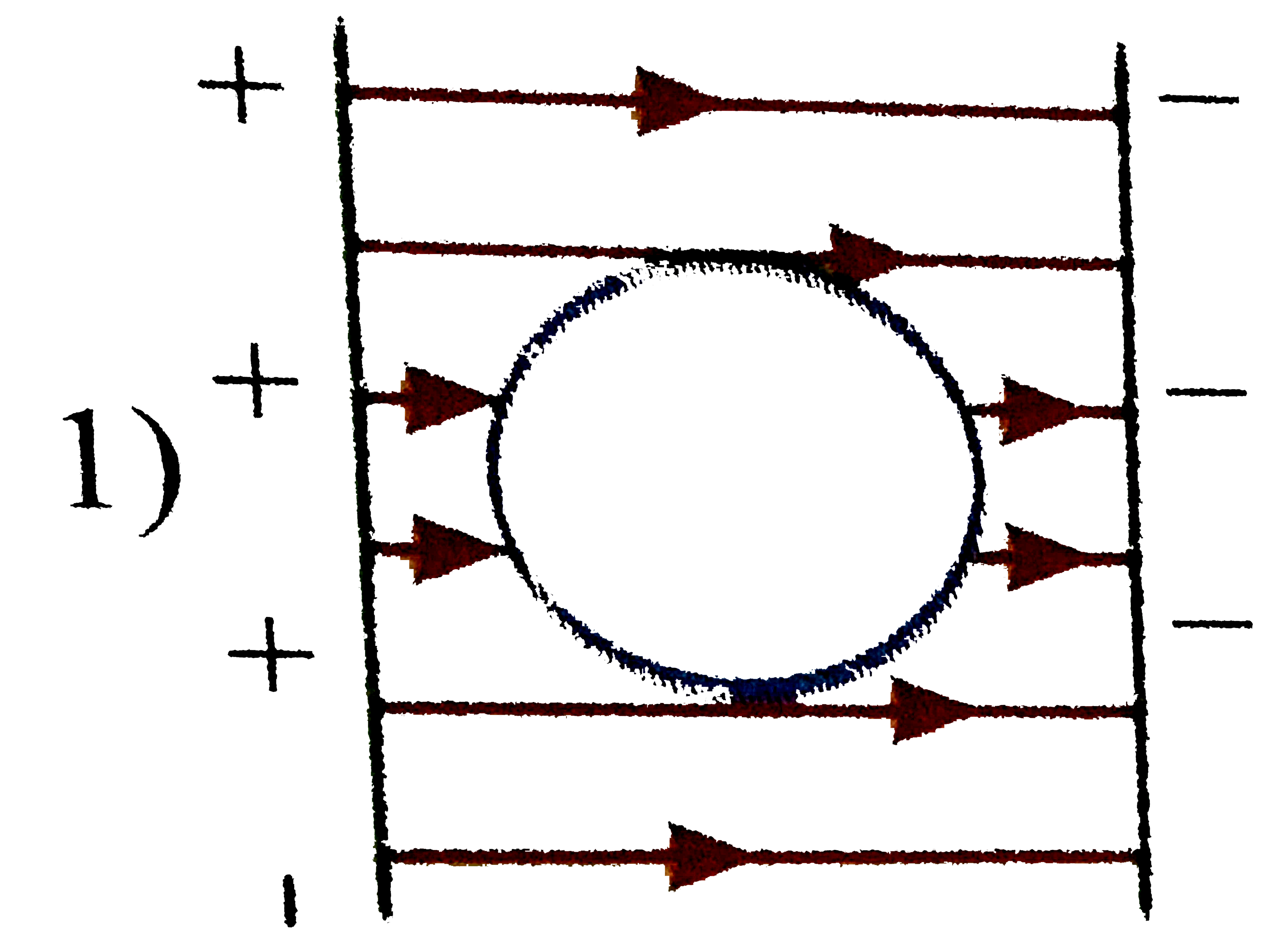 An uncharged metal sphere is placed between two equal and oppositely