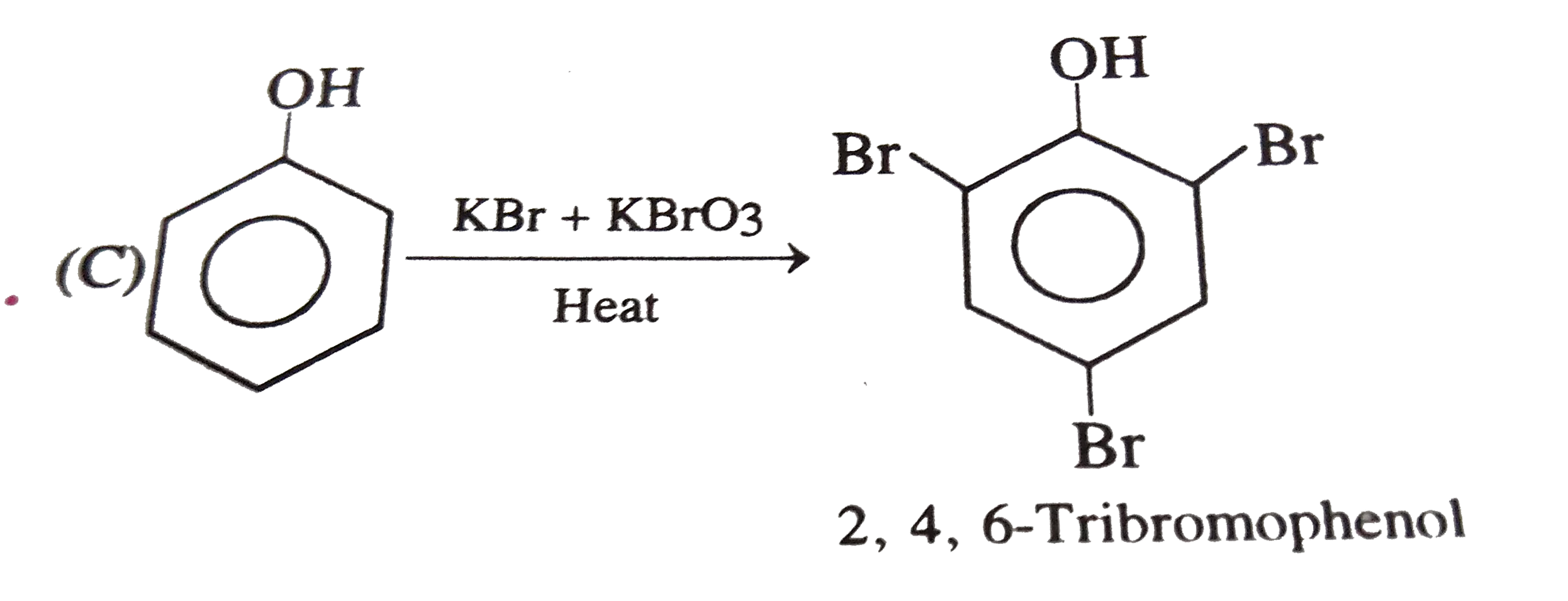 Phenol is heated with a solution of mixture KBr and `KBrO_(3)`. The