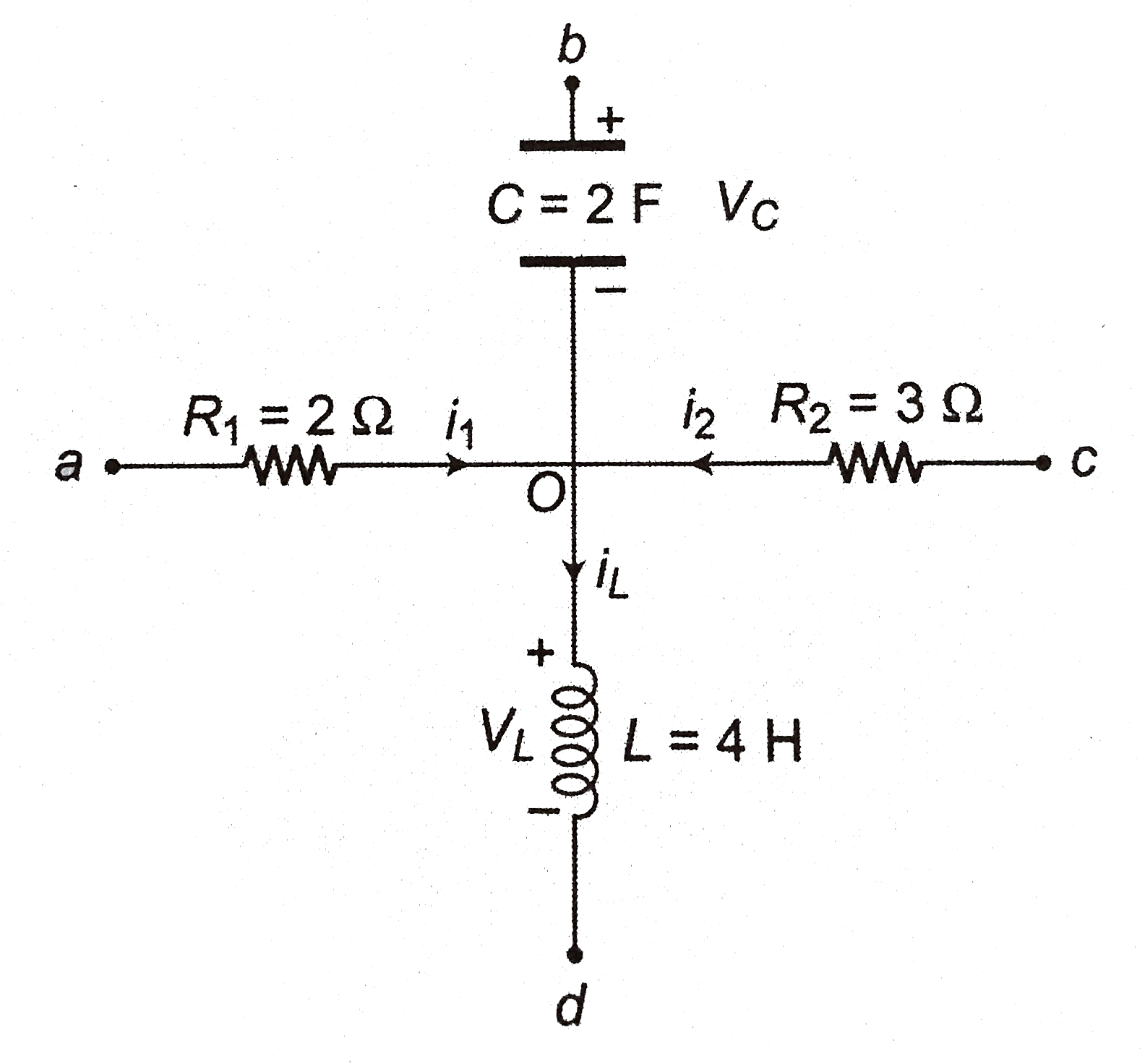 In the figure shown, `i_(1)=10e^(2t)A` , `i_(2)=4A` and `V_(c)=3e^(-2t)V`  Determine (a) `i_(L)` and `V_(L)` (b) `V_(ac)` , `V_(ab)` and `V_(cd)` -  Sarthaks eConnect | Largest Online Education Community