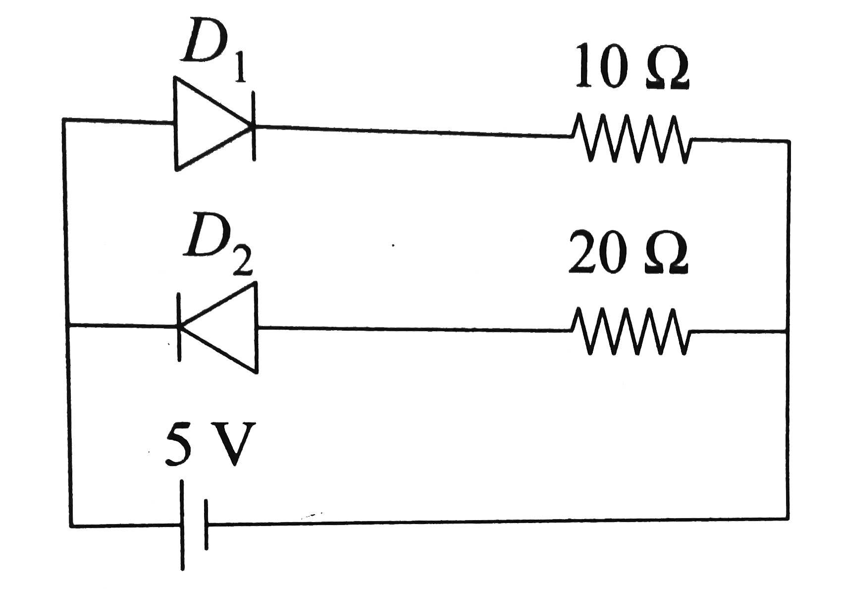 Two ideal diodes are connected to a battery as shown in the circuit
