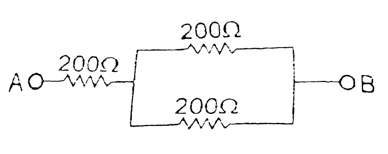 Three `200 Omega` resistors are connected as shown in figure. The