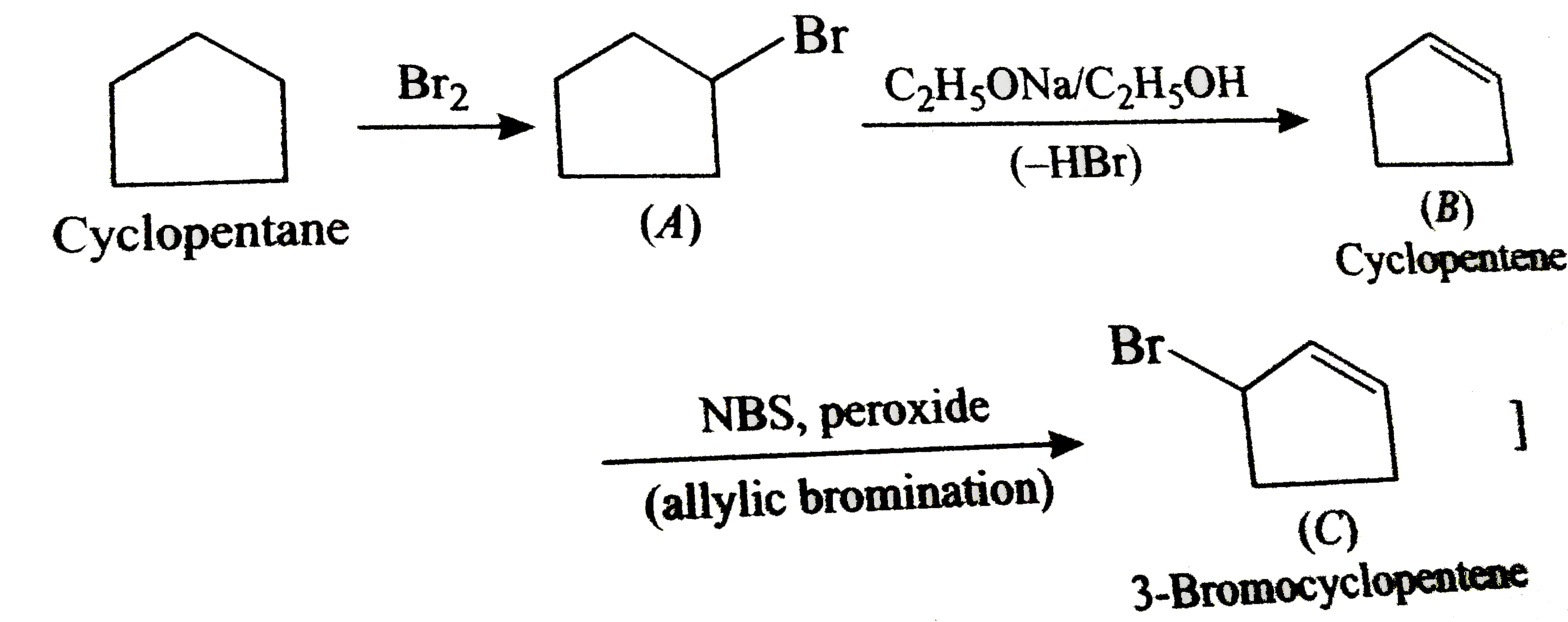 Cyclopentane on heating with bromine gives compound (A) which on