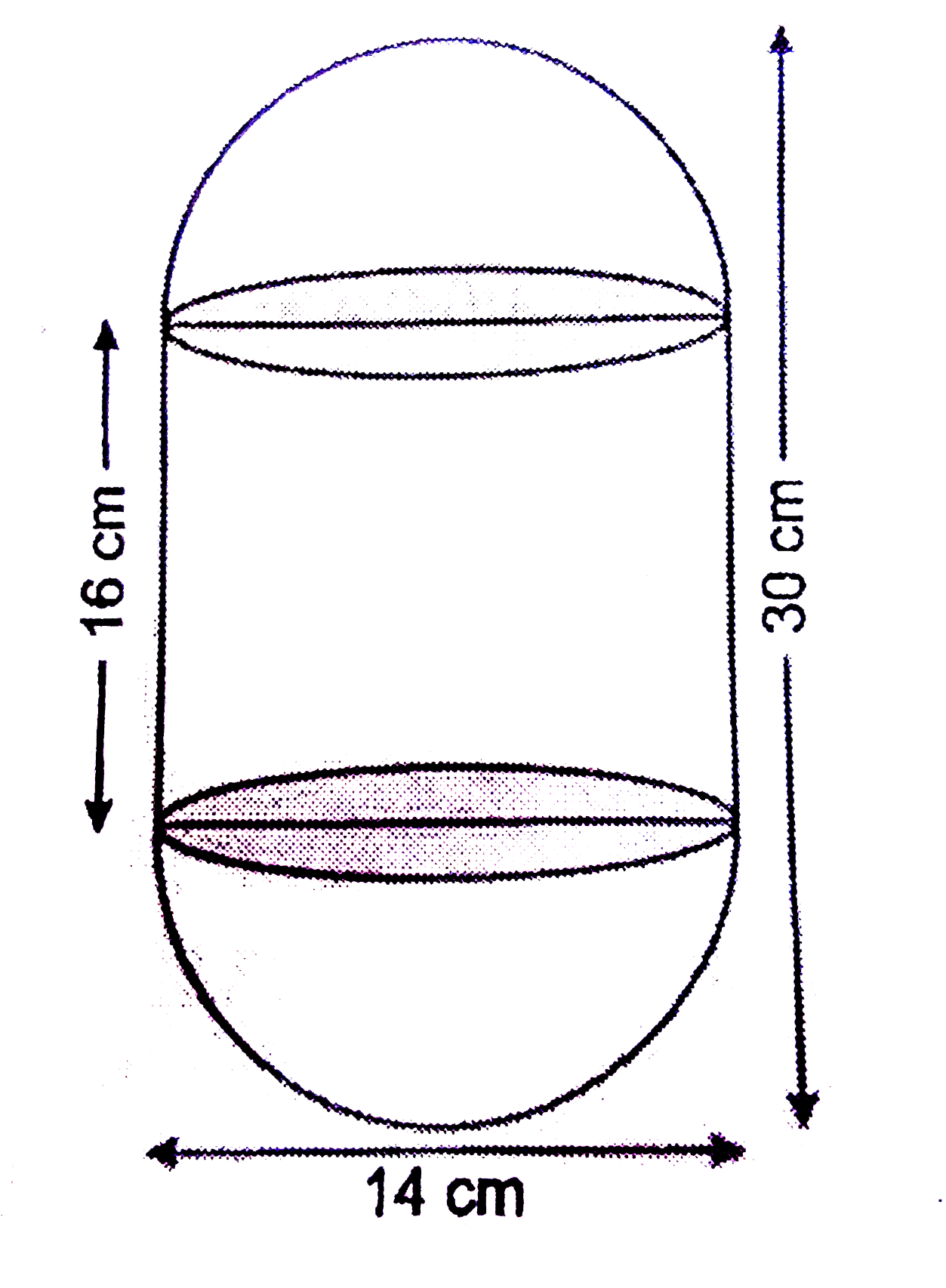 The base and top of a right circular cylindrical drum are hemispherical