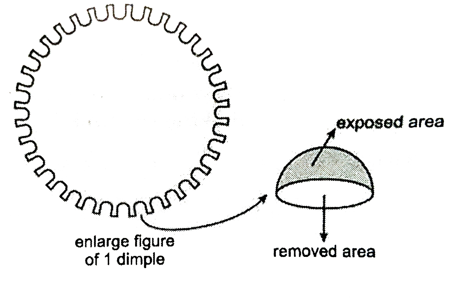 A golf ball has diameter equal to 4.1 cm. Its surface has 150 dimples