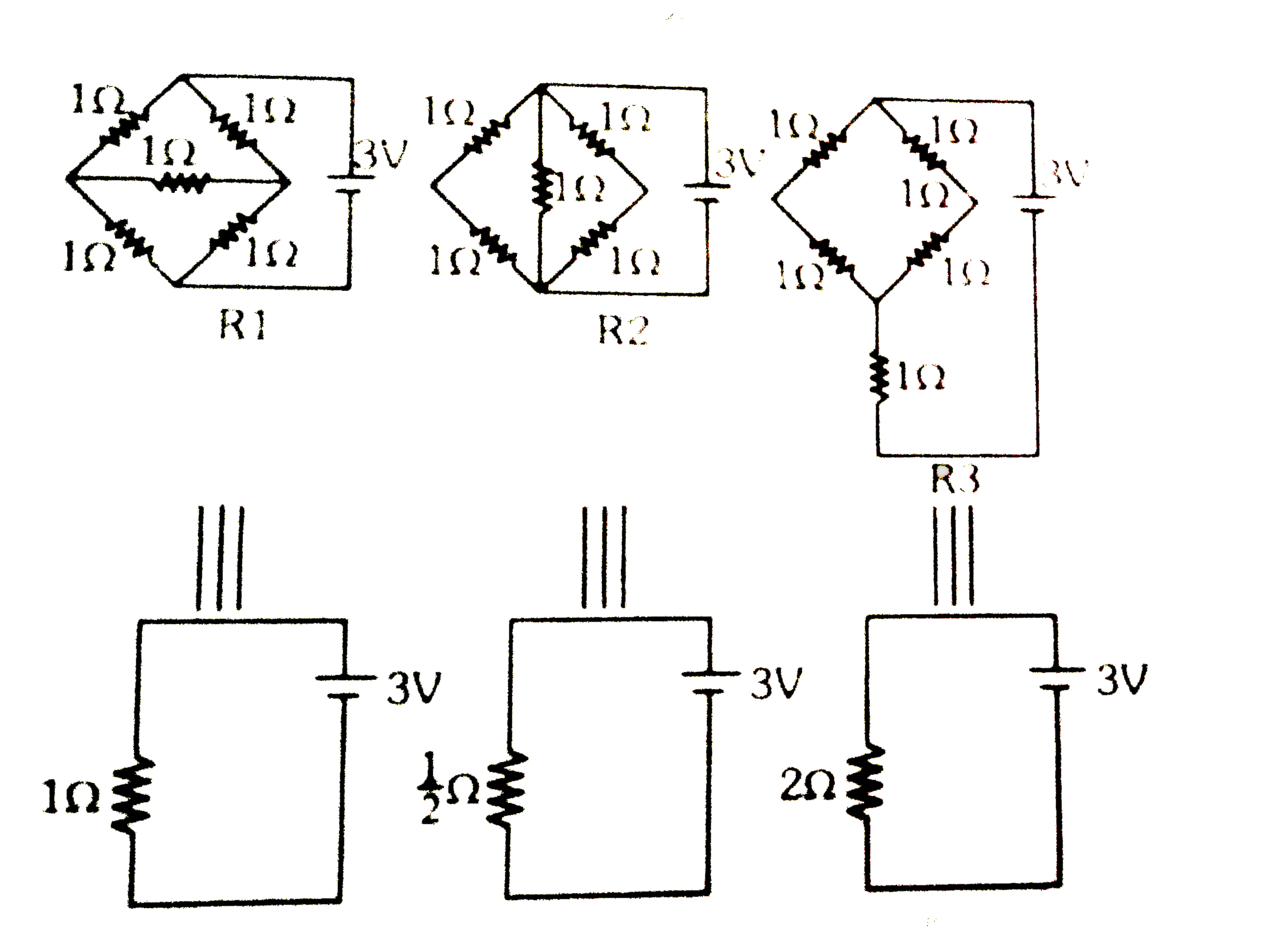 Figure shows three resistor configurations R1,R2 and R3 connected to 3