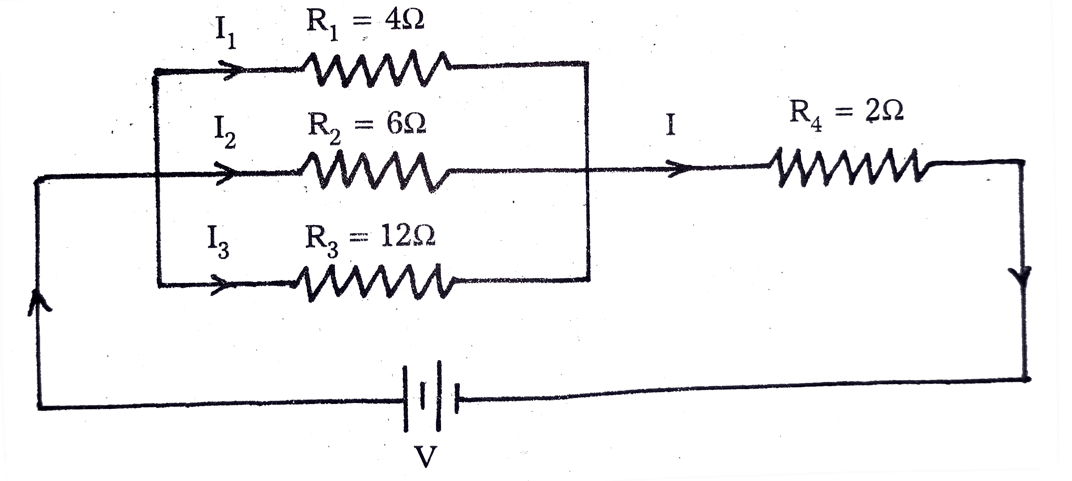 Three resistors of 4 ohms and 12 ohms are connected in parallel. The combination of above