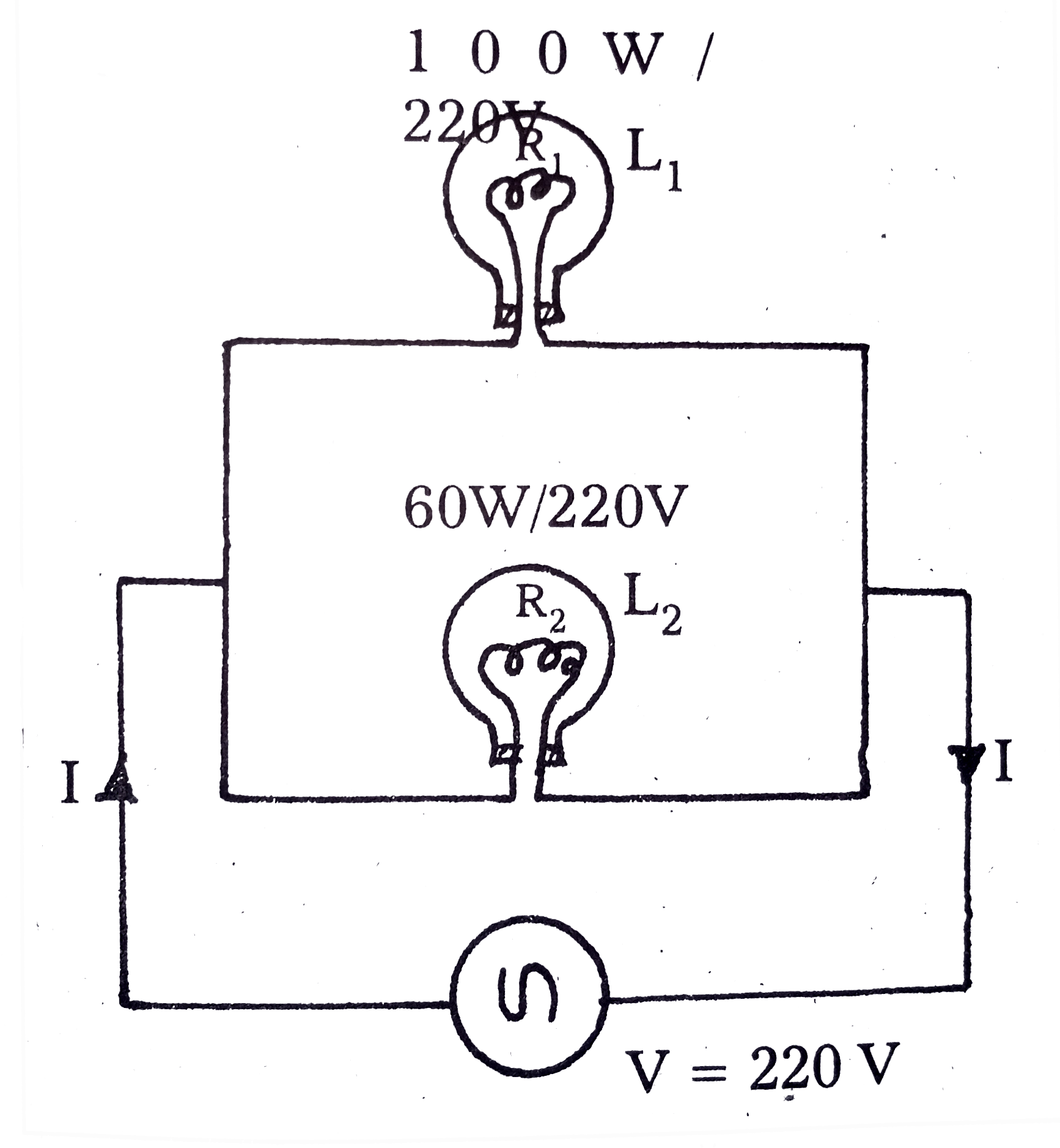 Two lamps one rated `100 Omega` at 220 V and the other 60 W at 220 V