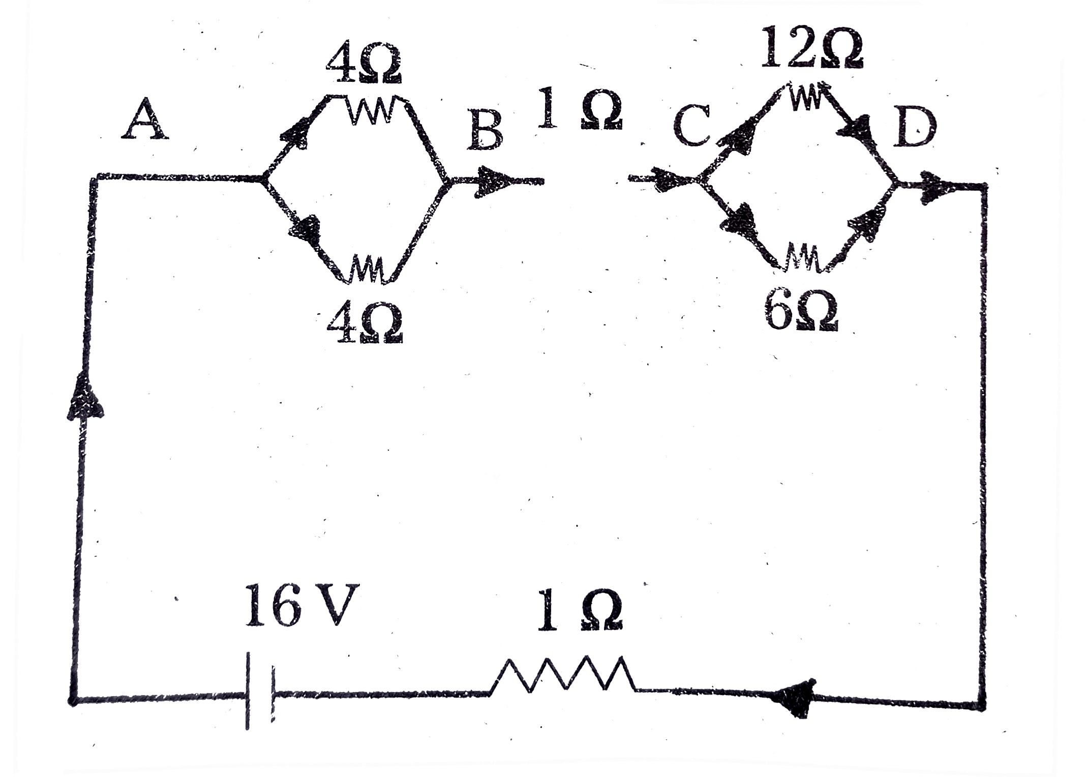 A network of resistor is connected to a 16 V battery with internal